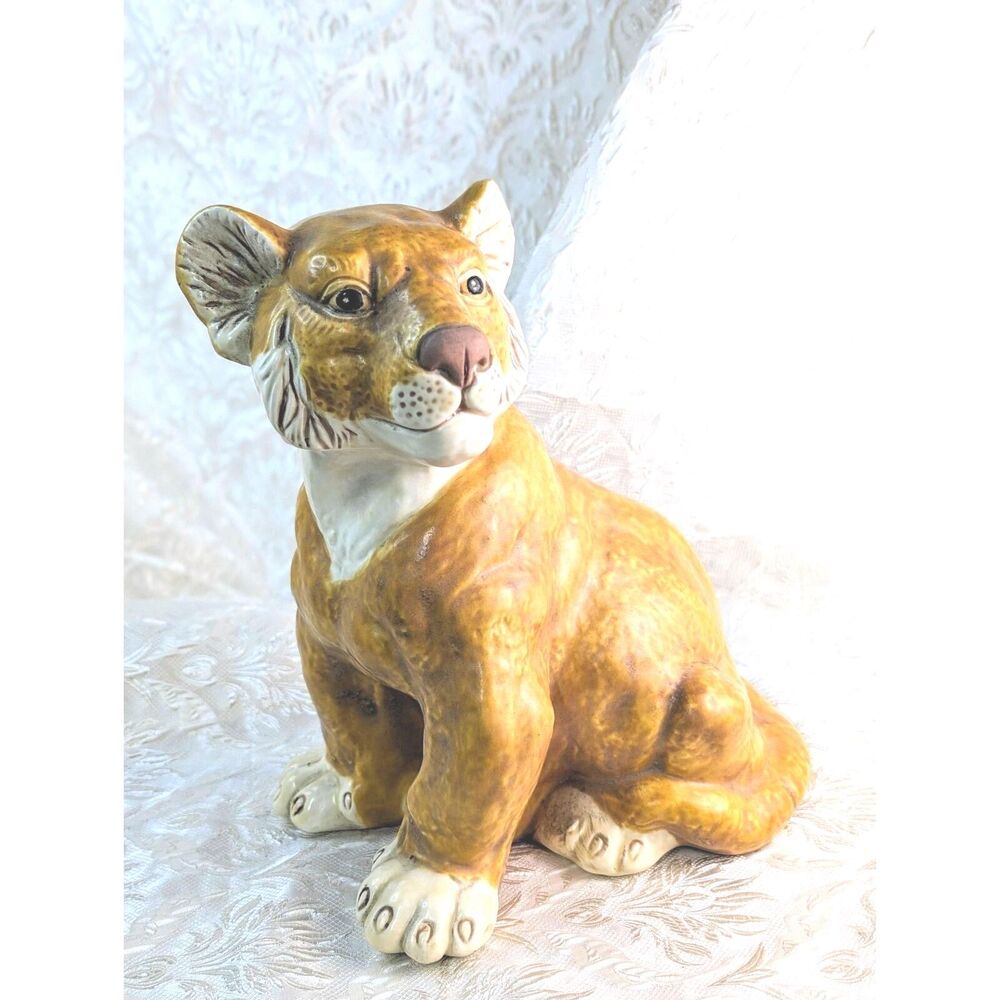 Vintage Lion Cub Ceramic Chalkware | 1960s large statue, figurine